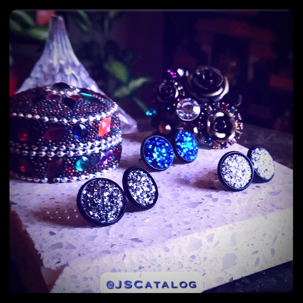 Metallic flat Druzy on black post earrings